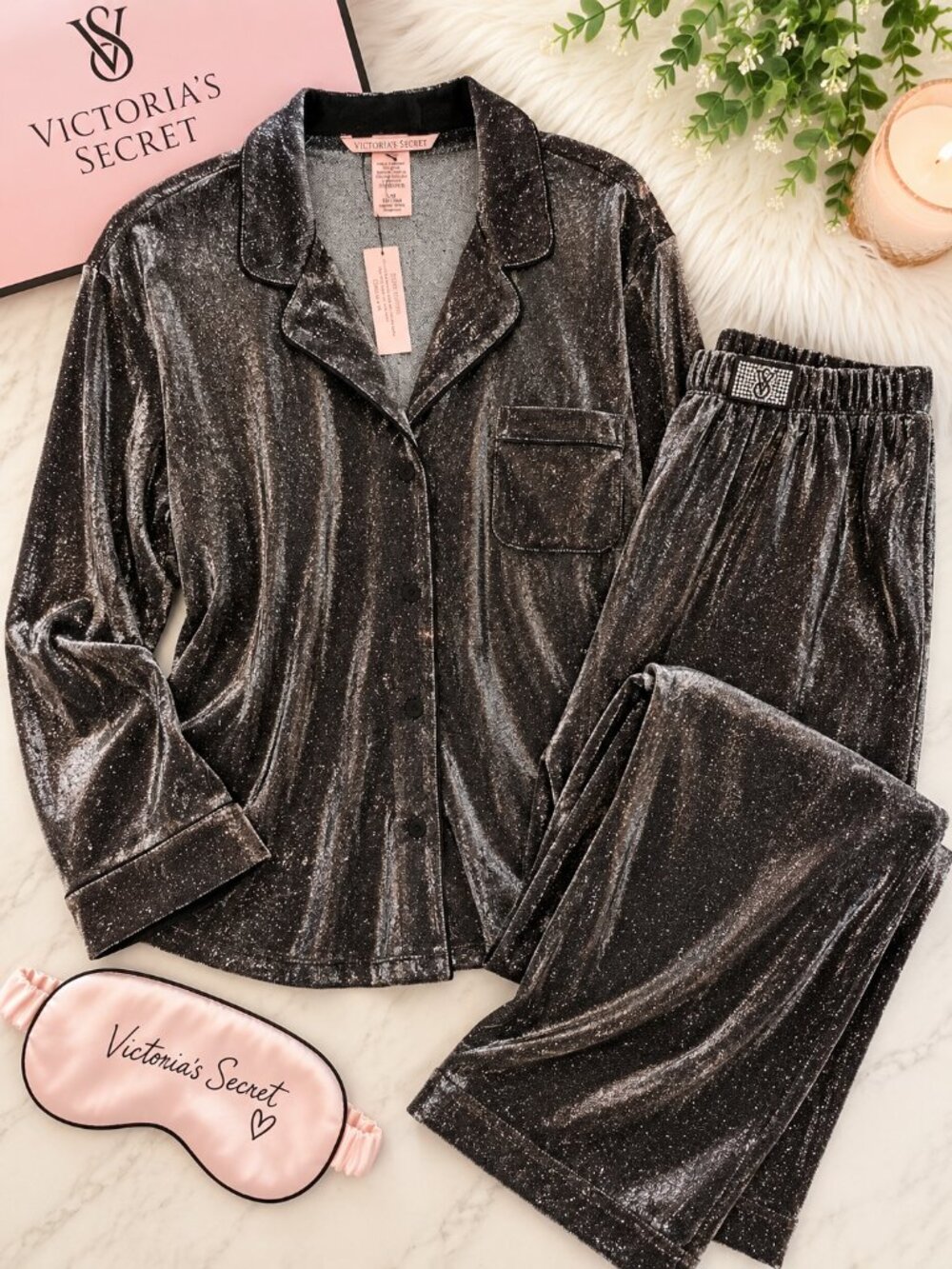 NWT Victoria’s Secret Shimmer Sparkle Pajama Set Black Silver Size Large